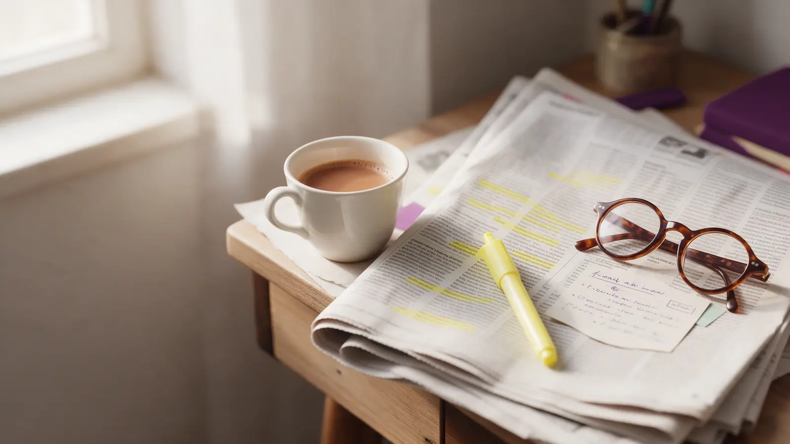 A newspaper with highlighted passages, reading glasses, a highlighter, study notes and a cup of tea