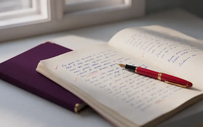 A handwritten answer booklet with red tick marks in the margin and a red fountain pen