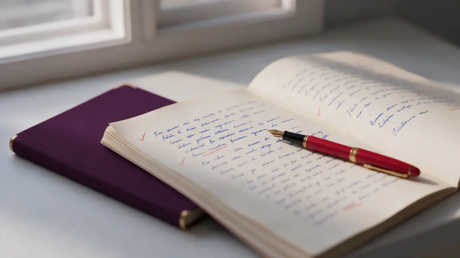 A handwritten answer booklet with red tick marks in the margin and a red fountain pen