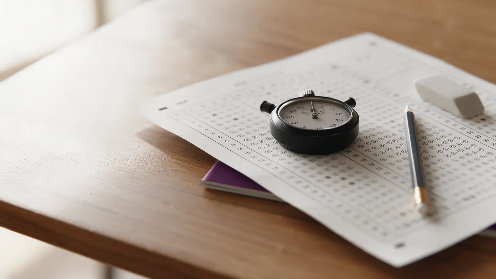 A multiple-choice answer sheet with a stopwatch, pencil and eraser on a study desk