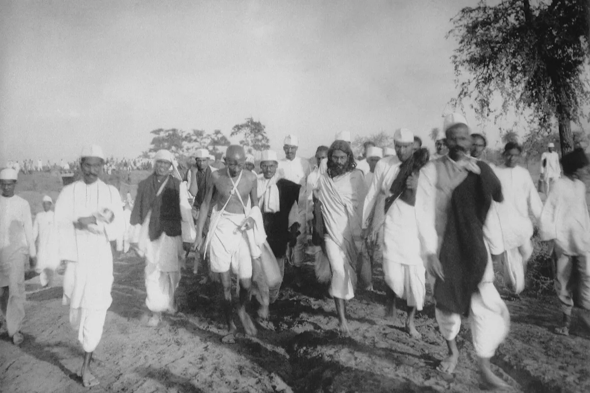 Gandhi and fellow marchers during the Salt March, 1930